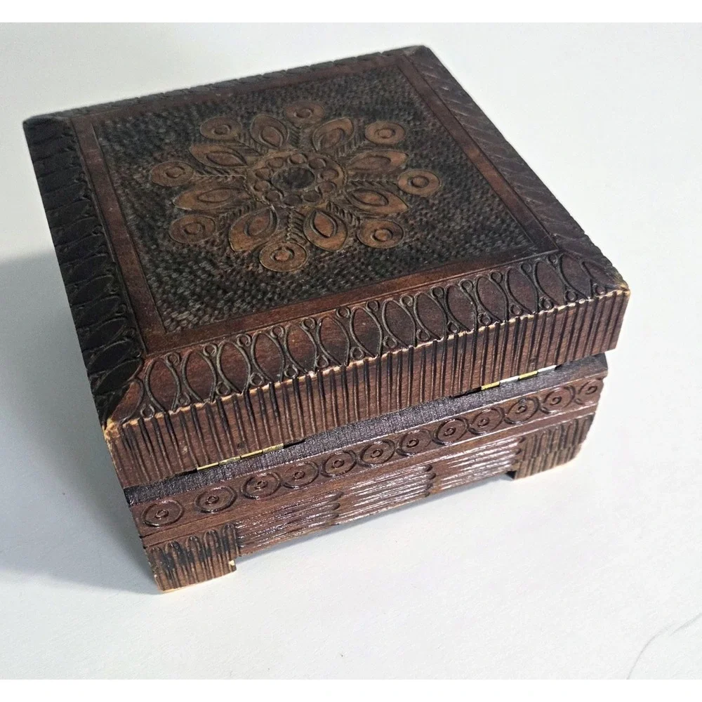 Vintage Polish Wooden Box Hand Carved Pyrography Hinged Trinket Wood Jewelry Box